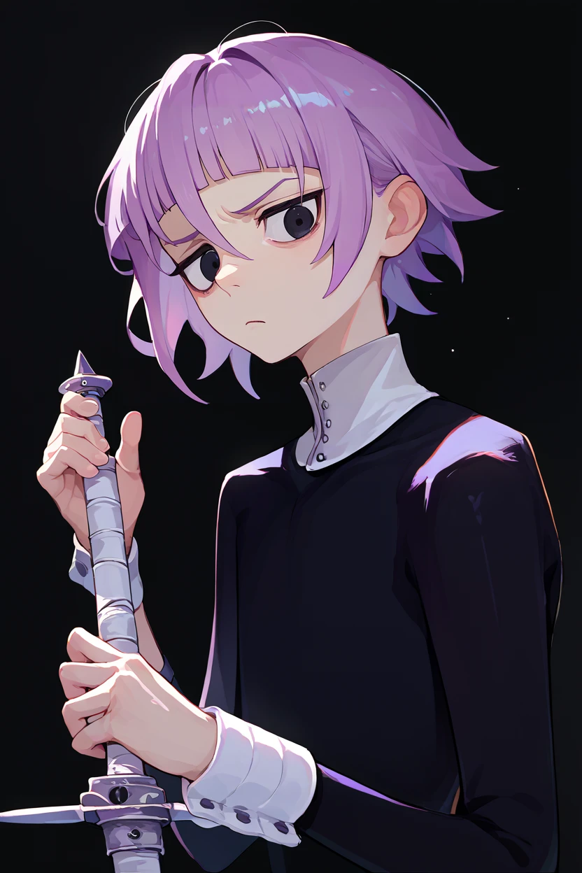 score_9, score_8_up, score_7_up, score_6_up, source_anime, solo,  <lora:crona-pdxl-nvwls-v1-000005:1> crona, purple hair, short hair, black eyes, white collar, black dress, long sleeves, long dress, wrist cuffs, holding sword, annoyed, looking at you, black background