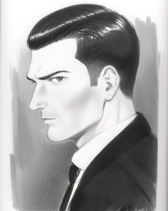 <lora:pencilsketchbook_lora:0.8>pencilsketchbook, amateur pencil sketch, a profile portrait of a man with short slicked back dark hair and a serious expression, monochrome