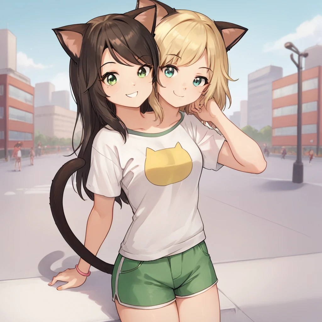 source_anime, score_9, score_8_up, BREAK two heads, conjoined, 1girl, cat ears, shirt, shorts, city background, smile