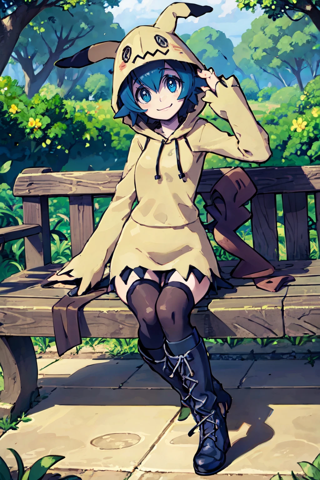 ((masterpiece,best quality)), absurdres,  <lora:Bold_CAT:0.5>,   <lora:Lana_Pokemon_v2_Anime:0.7>, Lana_Pokemon, 1girl, solo, curvy, short blue hair, blue eyes, <lora:MimikyuHoodie:0.7>,   zzMimikyuHoodie,      looking at viewer, smile, skirt, thighhighs, sitting, boots, outdoors, black thighhighs, hood, black footwear, tree, hoodie, makeup, knee boots, lipstick, cross-laced footwear, animal hood, lace-up boots, bench,  looking at viewer, head tilt,