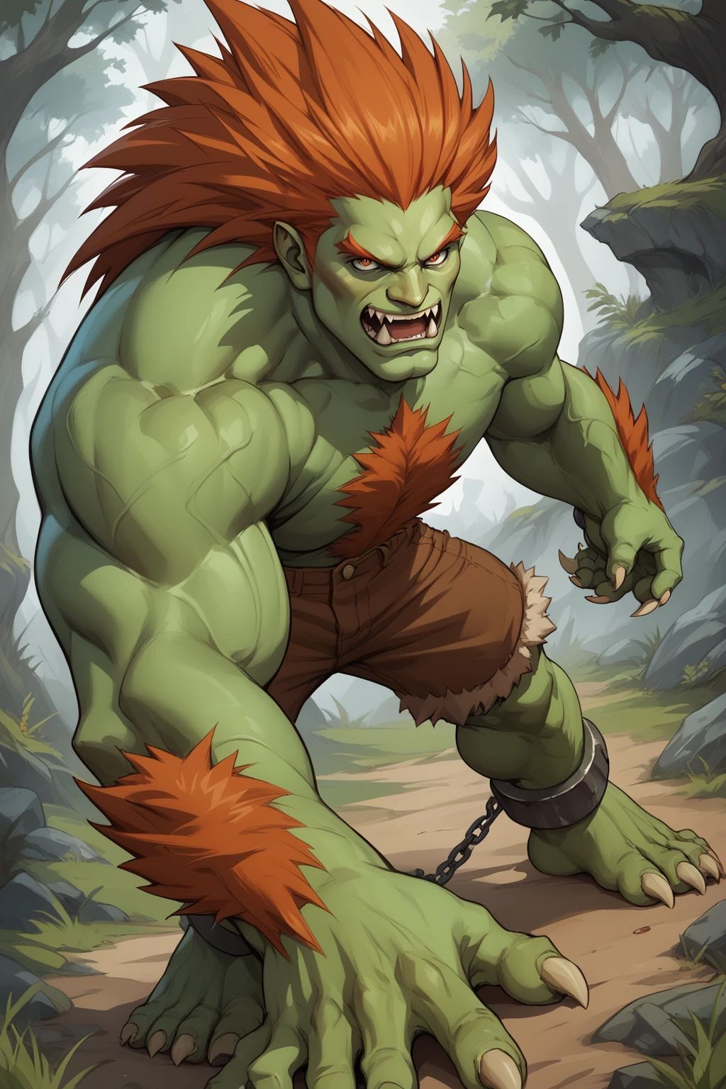 score_9, score_8_up, score_7_up, masterpiece, high quality, BREAK
 <lora:Blanka SF2PonyLoRA:1>blnka, long hair, colored skin, green skin, monster boy, claws, fur, shorts, fur trim, fangs, cuffs,