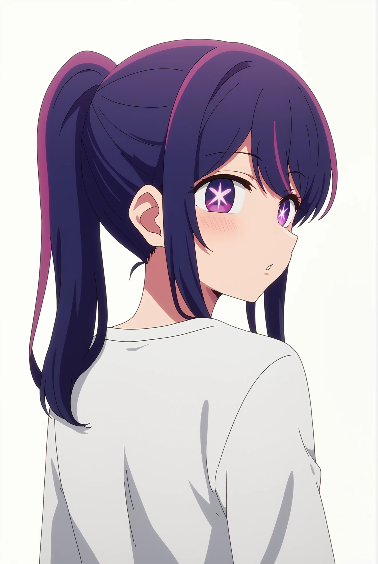 <lora:Ai_Hoshino:0.8>, white background, Ai Hoshino, 1girl, purple eyes, purple hair, multicolored hair, sidelocks, parted lips, looking back, symbol-shaped pupils, star-shaped pupils, ponytail