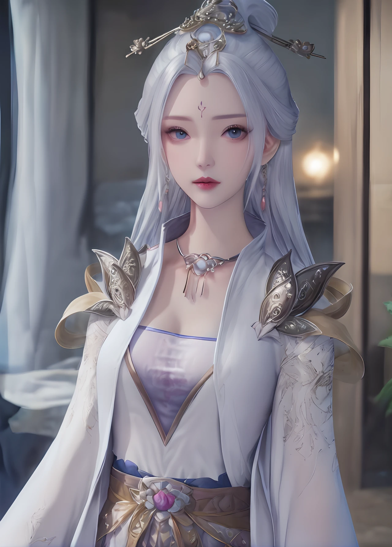 (cowboy_shot:1.4),game cg,1girl,blue eyes,blurry background,chinese clothes,facial mark,forehead mark,hair ornament,jewelry,looking at viewer,solo,white hair,ultra realistic 8k cg,picture-perfect face,flawless,clean,masterpiece,professional artwork,famous artwork,cinematic lighting,cinematic bloom,perfect face,beautiful face,beautiful eyes,fantasy,dreamlike,unreal,absurdly long hair,very long hair,(rich:1.4),detail,delicate pattern,charming,alluring,seductive,erotic,enchanting,hair ornament,looking at viewer,<lora:mengqianqiu_V1:1>,