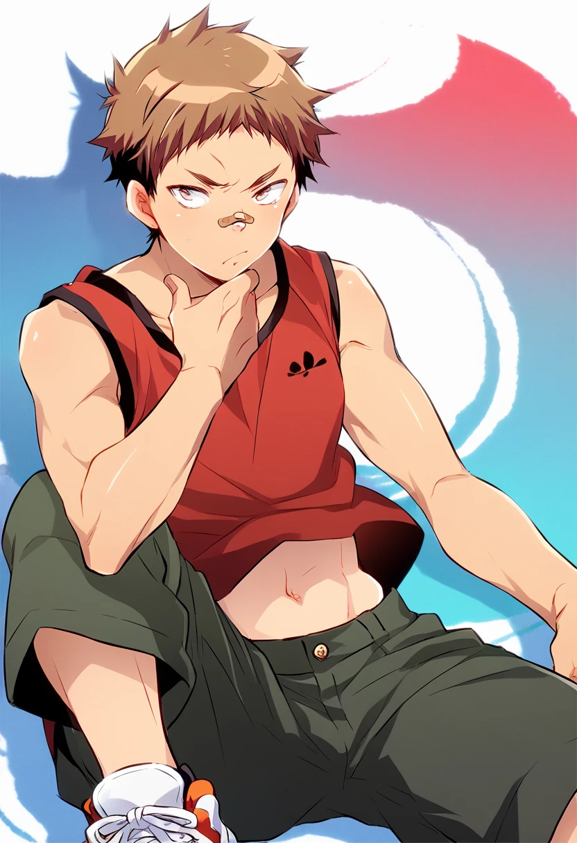 score_9, score_8_up, score_7_up, score_6_up, detailed, cowboy shot,best quality ,source_anime, male focus,
kugayama, brown hair, brown eyes, 1boy,bandaid on face, sneakers, bandaid on nose, red tank top,green shorts,navel<lora:EMS-405391-EMS:1.000000>