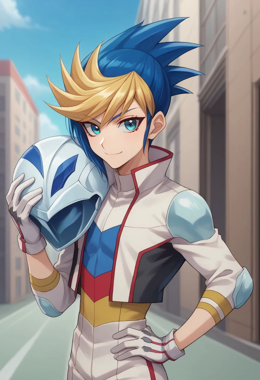 score_9, score_8_up, score_7_up, source_anime, highly detailed,
yugo, 1boy, male focus, solo, blue hair, multicolored hair, gloves, hand on hip, blonde hair, helmet, helmet removed, blue eyes, smile, dyed bangs, holding helmet, spiked hair,
 upper body
outdoor, street,