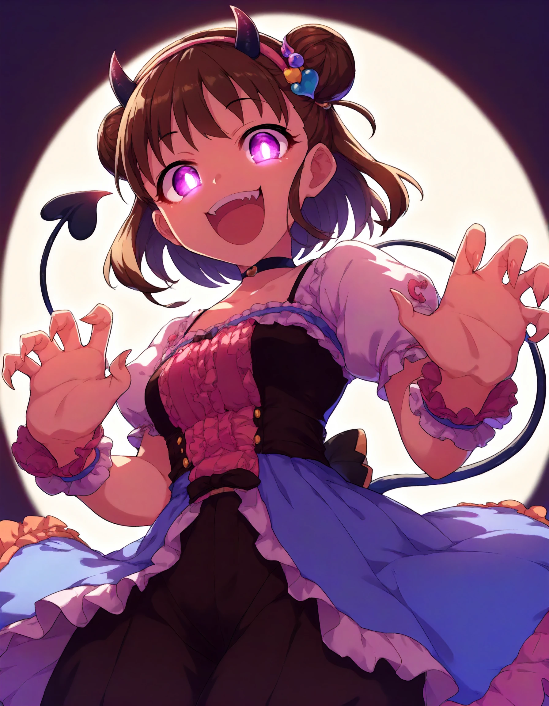 score_9, score_8_up,score_7_up,1girl,solo,from below,looking at viewer,looking down,dynamic lighting,claw pose,laughing,
<lora:munakataatsumi_ponyXLV6:0.7>,cgmat,brown hair,short hair,double bun,hair ornament,horned hairband,purple eyes,glowing eyes,choker,demon tail,dark theme,nightmarish