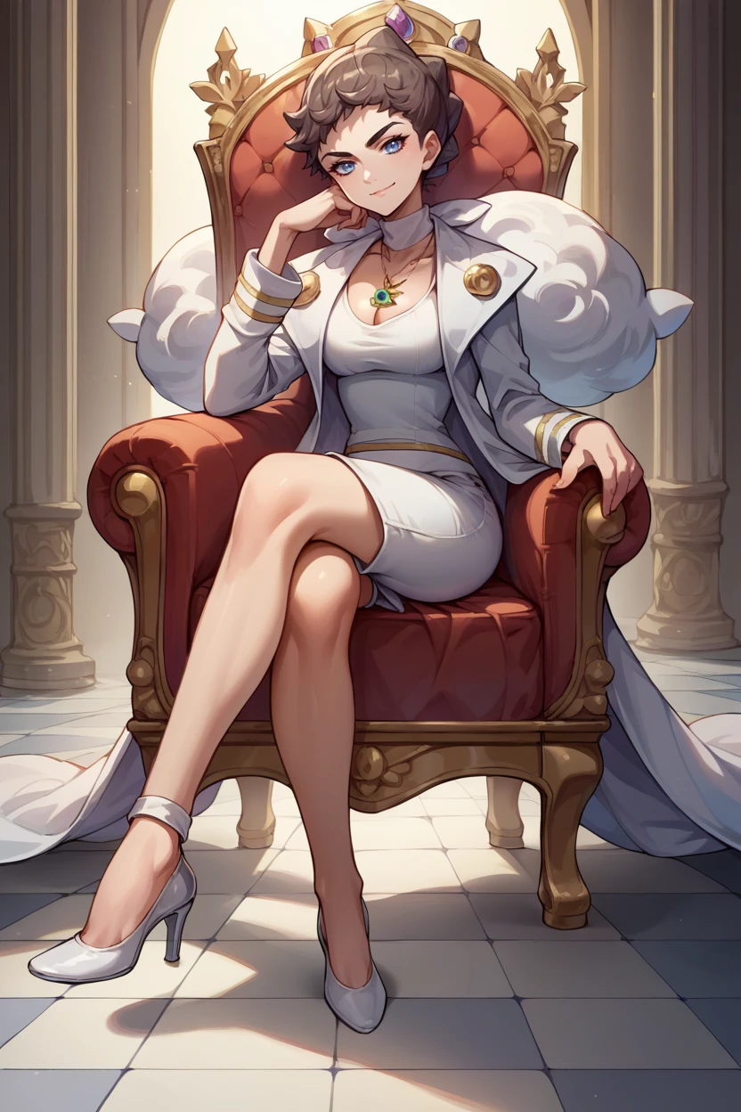 score_9, score_8_up, score_7_up, score_6_up, source_anime, solo,  <lora:diantha-pdxl-nvwls-v1-000005:1> diantha, brown hair, necklace, white coat, white shirt, white shorts, sitting in chair, high heels, cleavage, looking at you, head rest, throne, marble floor, smirk