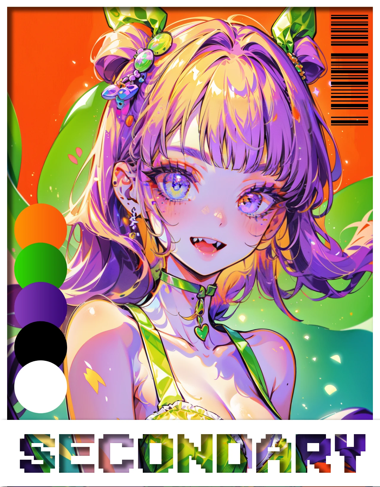 ((best quality, masterpiece, absurbres, super-resolution)) 1girl, portrait, bangs, big smile, orange, green, purple, <lora:SECONDARY-CORE_v10:1>