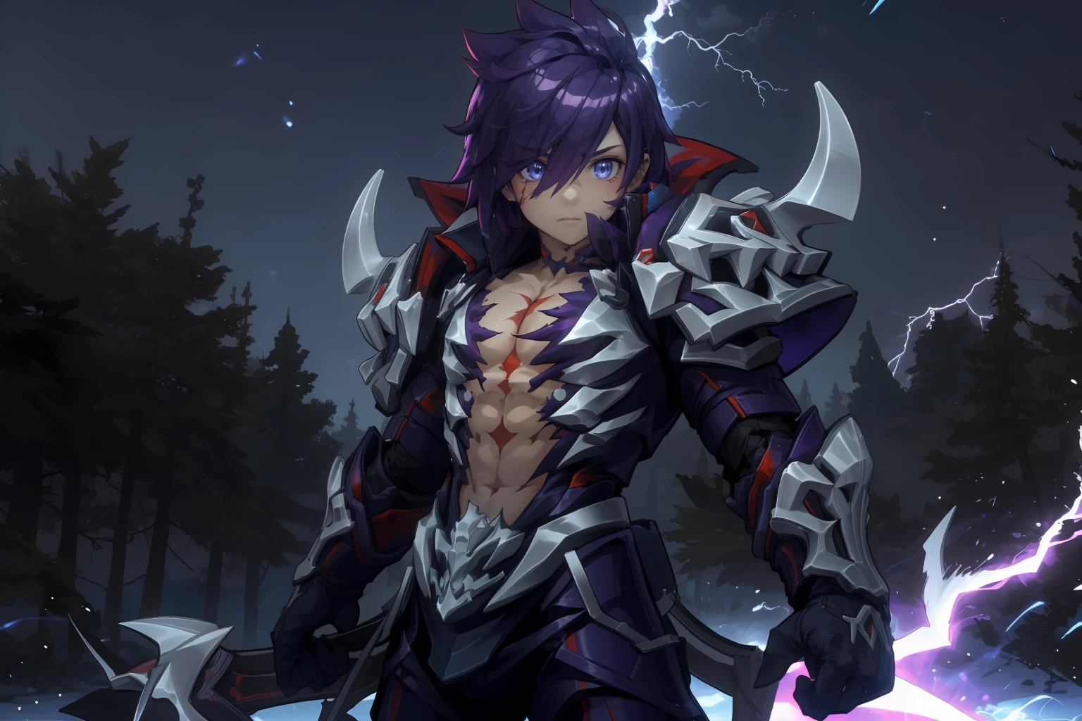 masterpiece, best quality, ultra-detailed, 1boy, solo, thanatos_rom, fierce, agony,  scar on chest, fighting stance, purple aura, cowboy shot, looking at viewer,  light particles, lightning, Chill of twilight theme, vivid colors, dark and magical atmosphere,
<lora:thanatos-rom-10:0.8>, <lora:add_detail:0.5>