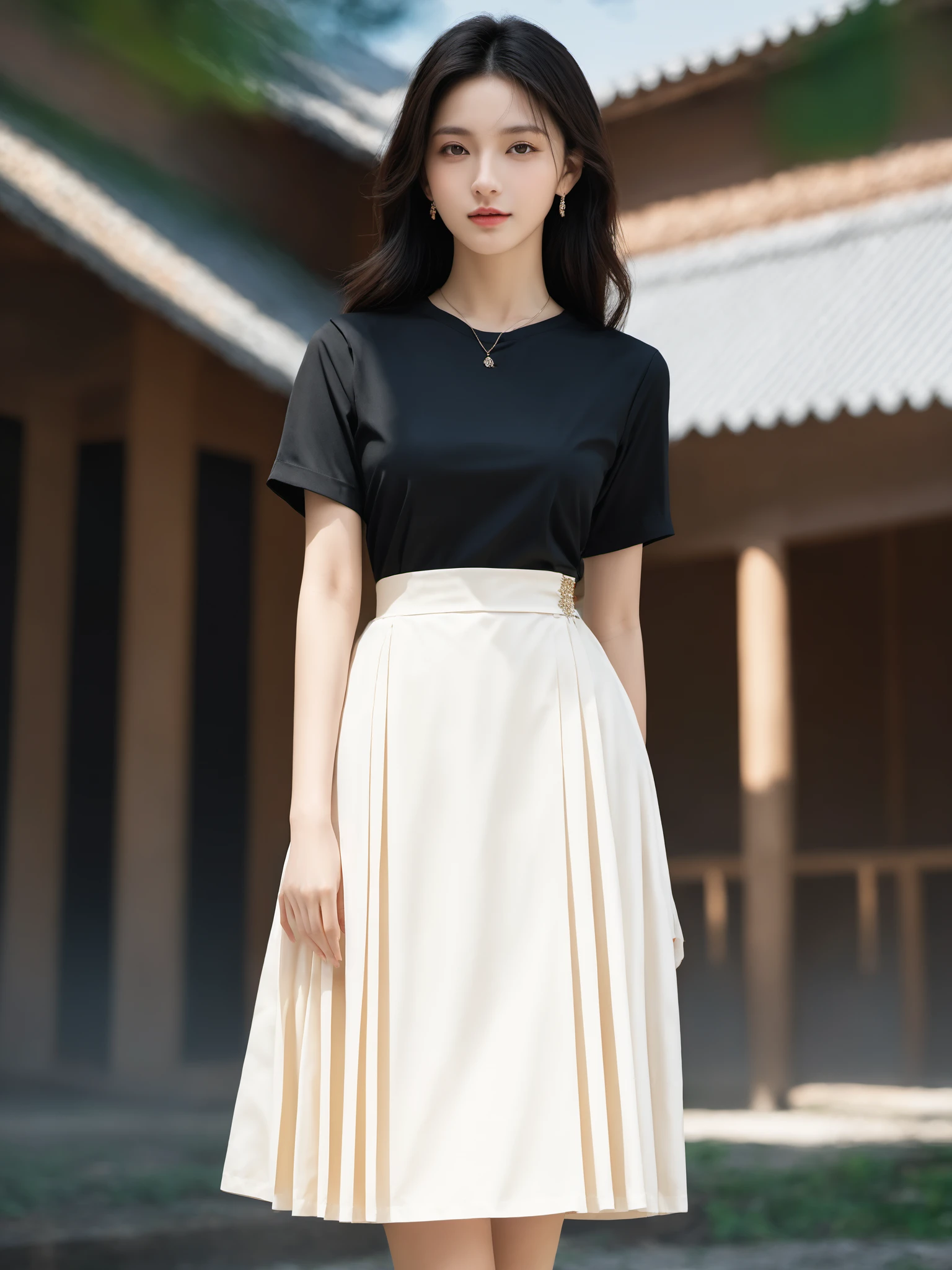 Realistic,Masterpiece,18 - year - old , Super High Resolution, (reality: 1.4) , 1girl, full body shot, Half skirt, shirt, black color, outdoor, realistic,hands,realistic,depth of field,  wearing majien long dress,<lora:Jay-MajienXL:0.8>, (best quality:1.3)