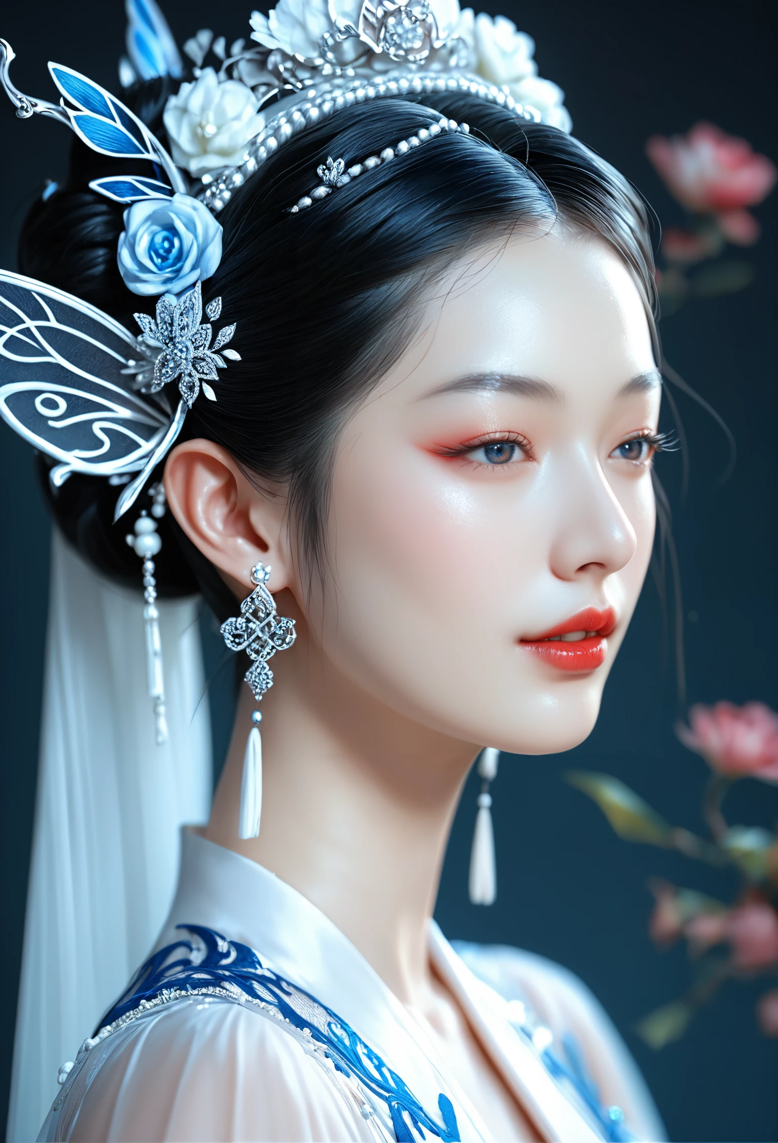score_9, score_8_up, score_7_up, fairy koudiana tiara, tiangnan dragon headdress, chinese traditional hairstyle, in the style of anime aesthetic, bo chen, edmund leighton, exaggerated facial features, fairycore, dark azure and white, 32k uhd
