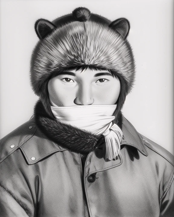 <lora:pencilsketchbook_lora:0.8>pencilsketchbook, amateur pencil sketch, asian man wearing a furry hat and a coat with a scarf covering his mouth, monochrome