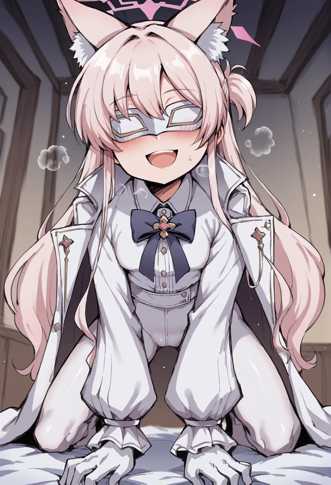 1girl, halo, long hair, Pink hair, eye mask, cat ears, cat tail, blouse, long sleeves, puffy sleeves, black bowtie, brooch, White pants, gloves, coat on shoulders, yandere, open mouth, upper teeth only, gangs, heavy breathing, blushing, smile, all fours, small breasts, bed, indoors, from below <lora:Akira_BA:1> <lora:senbei_avocadochaya_XL:1>, score_9, score_8_up, score_7_up, score_6_up, score_5_up, score_4_up, BREAK source_anime, masterpiece