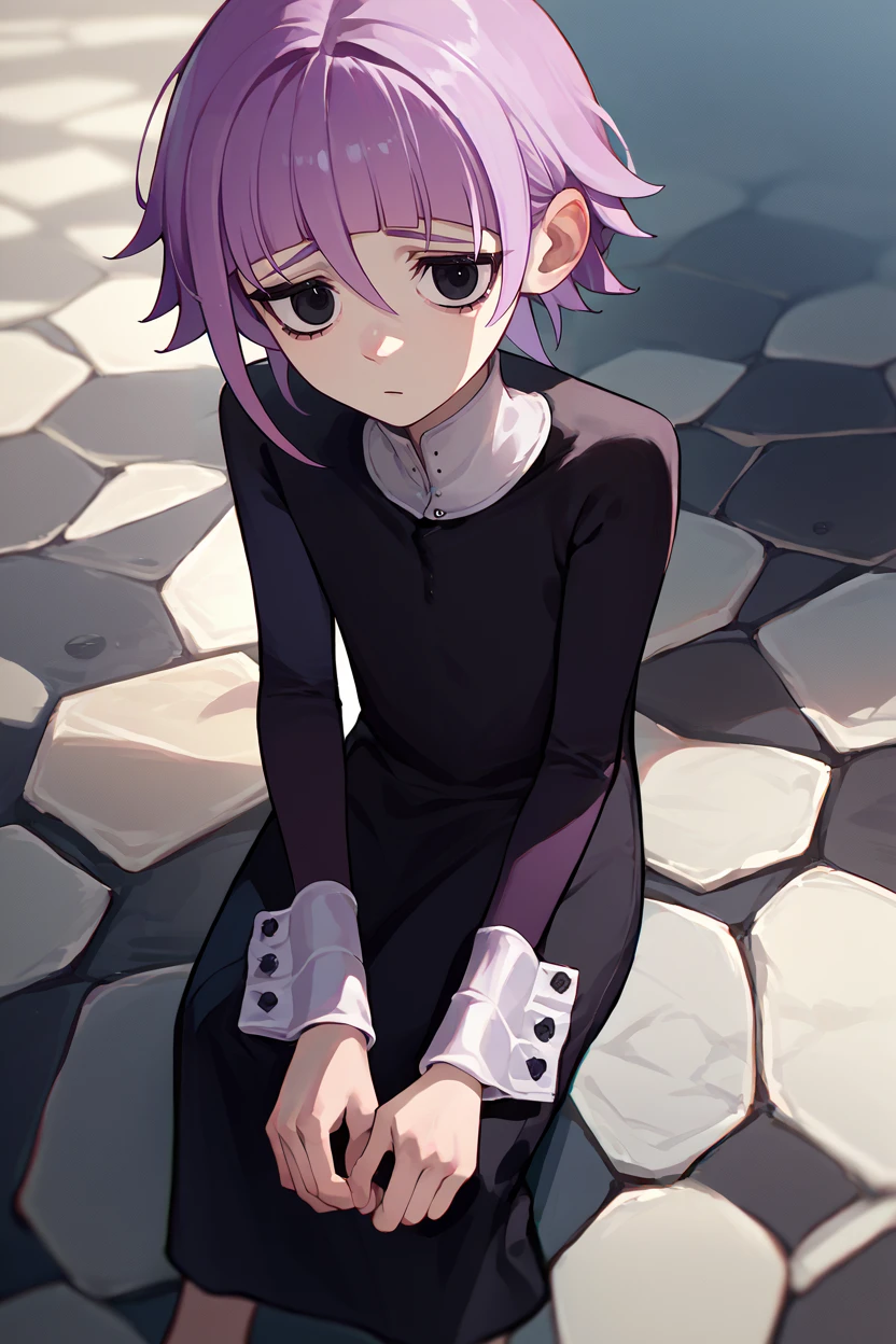 score_9, score_8_up, score_7_up, score_6_up, source_anime, solo,  <lora:crona-pdxl-nvwls-v1-000005:1> crona, purple hair, short hair, black eyes, white collar, black dress, long sleeves, long dress, wrist cuffs, sitting, looking at you, thinking, floor, stone floor