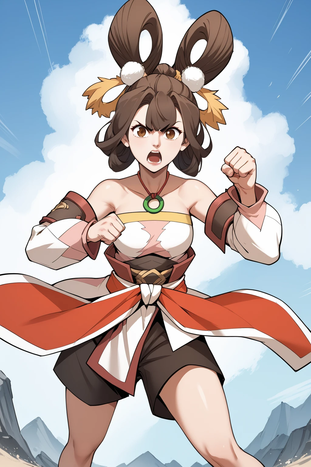 score_9, score_8_up, score_7_up, masterpiece, high quality, BREAK mature woman
 <lora:Yuan erPonyLoRA:1>yuaner, short hair, hair ornament, bangs, necklace, hair rings, bare shoulders, dress, detached sleeves, long sleeves, waist sash, pelvic curtain, shorts, angry, fighting, fist stance