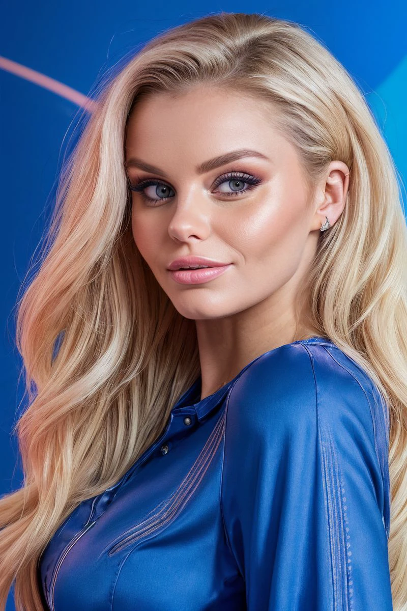 closeup headshot of S451_YanaNabokova,an attractive woman,in front of a (cobalt-wall:1.1),wearing a (shirt),(smiling),(4k, RAW photo, best quality, 50mm, depth of field, ultra high res:1.1),(intricate, photorealistic, cinematic-shot, masterpiece, ultra-detailed:1.1),