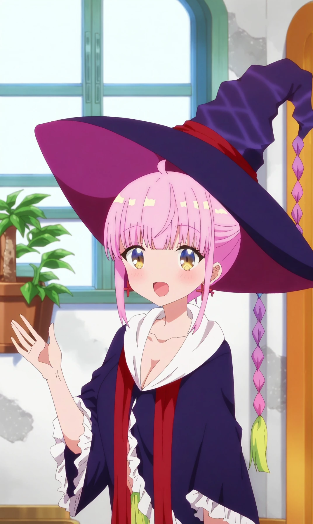 score_9, score_8_up, score_7_up, source_anime, 1girl, hat, solo, witch hat, pink hair, breasts, cleavage, looking at viewer, yellow eyes, open mouth, smile, earrings, blush, plant, jewelry, braid, window, indoors, collarbone, witch, upper body, robe, short hair, ahoge, :3, medium breasts, virtual youtuber, potted plant, KAZAIRO