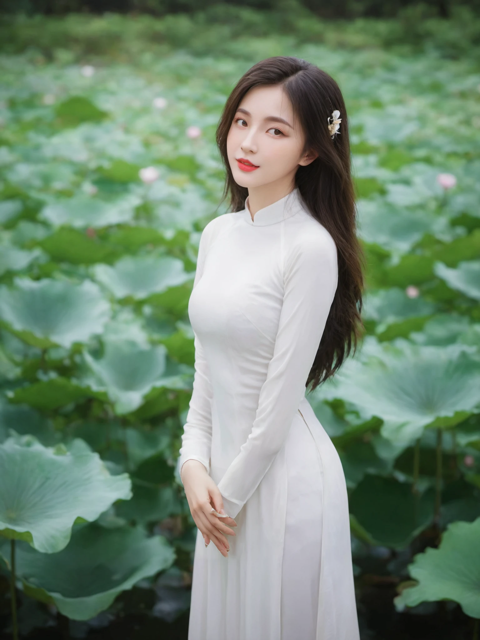 Best Quality,Masterpiece,Ultra High Resolution,(Realisticity:1.4),photorealistic,extreme detailed,Original Photo,1girl,portrait,(fullbody),elf,silver hair,solo,(dynamic posture:1.4),ao dai,(dark sea green tone:1.2),giant lotus leaf,looking at the audiences,long sleeves,red lips,50mm,F0.8,8K raw,depth of field,aodaixl,1 girls,
<lora:aodaixl:0.8>, (best quality:1.3)