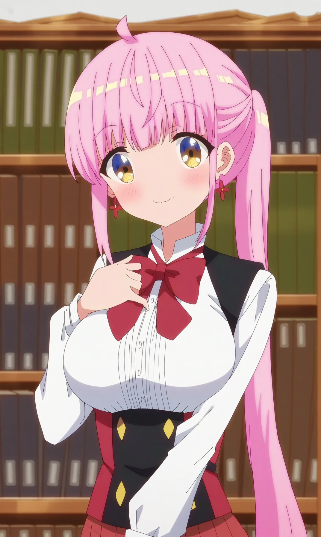 score_9, score_8_up, score_7_up, source_anime, 1girl, solo, looking at Viewer, pink hair, long hair, ponytail, smile, breasts, earrings, jewelry, yellow eyes, bow, blush, bookshelf, shirt, red bow, school uniform, indoors, white shirt, upper body, closed mouth, sidelocks, bowtie, large breasts, collared shirt, long sleeves, red bowtie, medium breasts, underbust, ahoge, library, Kotone KAZAIRO