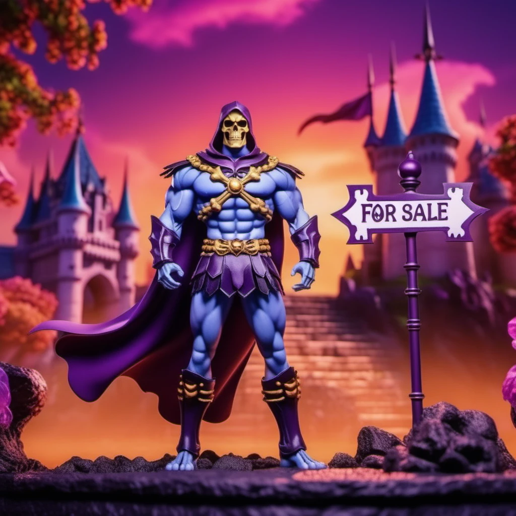 anime artwork cinematic photo a full body muscular man, skeleton face, purple cape, in front of a castle, sign with text ''For sale''<lora:Skeletor1024-000190:0.8> . 35mm photograph, film, bokeh, professional, 4k, highly detailed . anime style, key visual, vibrant, studio anime,  highly detailed