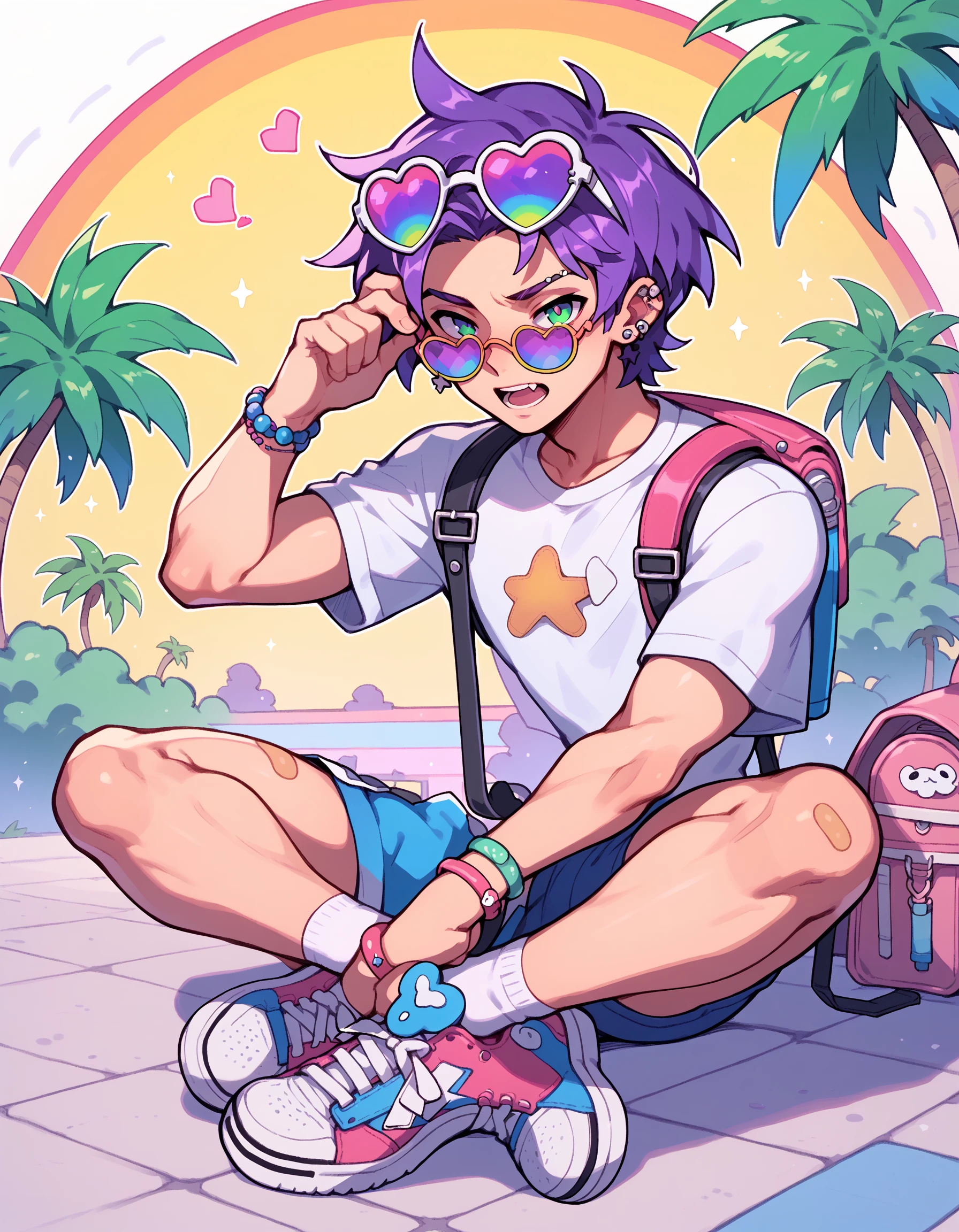 PonyXLV6_Scores BREAK souce_anime, E4rth_K4waii_Pr1de, solo, looking at viewer, short hair, open mouth, shirt, 1boy, jewelry, sitting, green eyes, full body, white shirt, purple hair, short sleeves, male focus, earrings, shoes, shorts, socks, bag, star (symbol), bracelet, tree, piercing, sunglasses, backpack, white socks, sneakers, bandaid, eyewear on head, blue shorts, palm tree, tinted eyewear, rainbow, bandaid on leg, colorful, heart-shaped eyewear, rainbow theme, rainbow lighting, newest,  <lora:Earthnicity_Kawaii_LGBTQIA__Plural_Pride_Lora_Pony_XL:0.8>