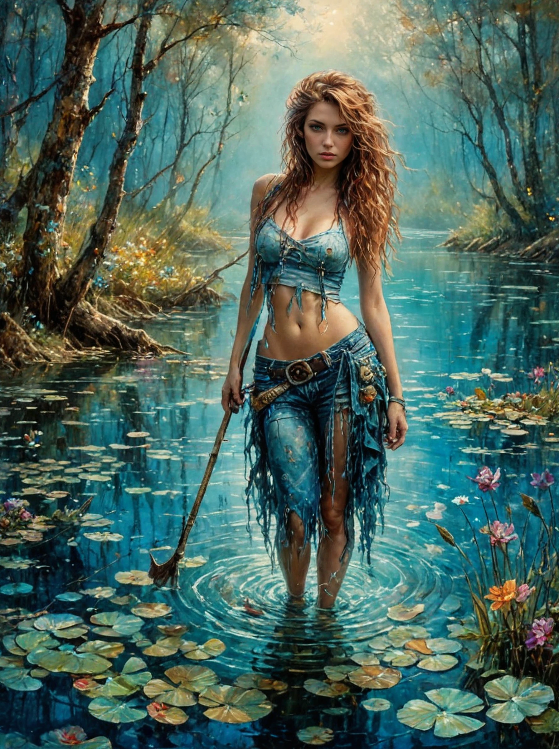 Grunge style a fisherman,lake,cristal clear water,beautiful trees,beautiful flowers,blue light,romanticism art,(landscape art stylized by Karol Bak:1.3),Paul Gauguin,Cyberpop,short lighting,F/1.8,extremely beautiful,<lora:oil-painting:2>, oil painting of . Textured, distressed, vintage, edgy, punk rock vibe, dirty, noisy