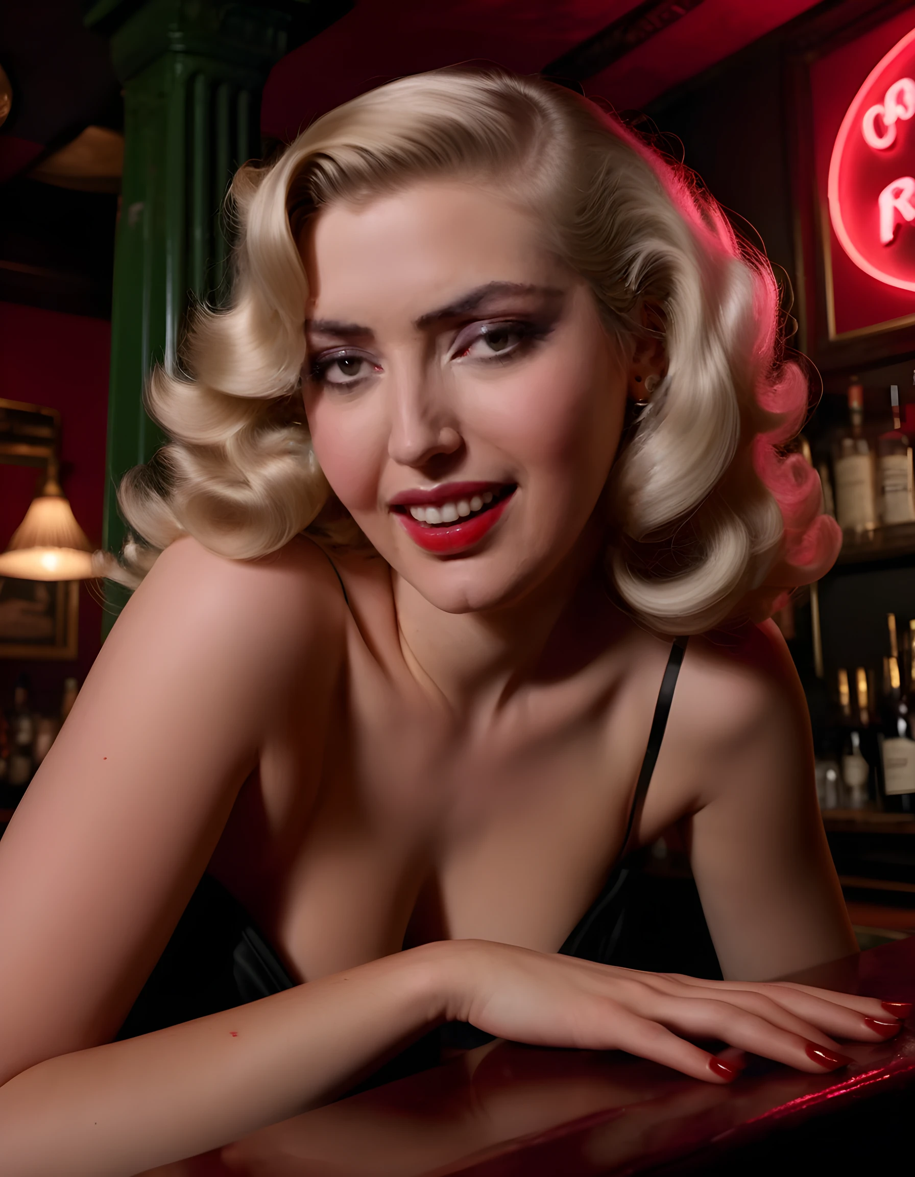 In a noir-inspired, dimly lit speakeasy nestled within the heart of 1940s New York City, the captivating Claudia stands center stage, her long, wavy platinum blonde hair cascading over one shoulder like liquid silk, her piercing emerald eyes fixed intently on the viewer. Her crimson lips part in a coy smile, revealing perfectly aligned pearly whites against a backdrop of deep red velvet and smoky shadows. The camera angles from below, emphasizing her striking beauty as she leans forward, elbows resting on a worn-out mahogany bar, the soft glow of a single neon sign casting an eerie yet alluring light upon her enigmatic face, the emotional tone exuding both mystery and seductive allure.