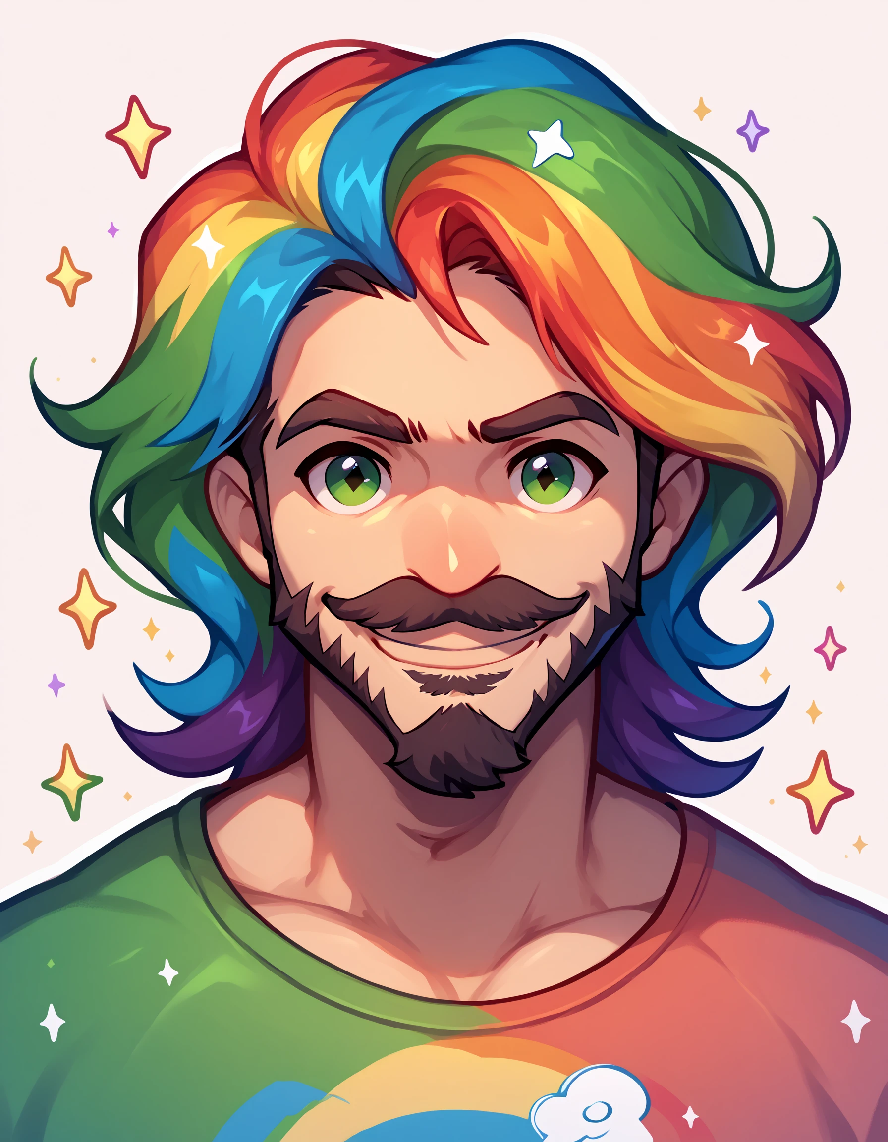 PonyXLV6_Scores BREAK E4rth_K4waii_Pr1de, 1boy, male focus, solo, looking at viewer, smile, multicolored hair, rainbow hair, green eyes, glitter, star , (symbol), streaked hair, sparkle, facial hair, portrait, beard, mustache , <lora:Earthnicity_Kawaii_LGBTQIA__Plural_Pride_Lora_Pony_XL:0.8>