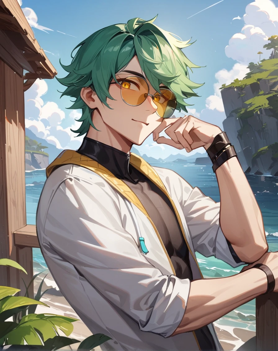 1boy, solo, male only, male focus, upper body, <lora:ezreal_sdxl_lora:1>, (ezreal, green hair, yellow eyes), googles, sunglasses, outdoors, looking at viewer, masterpiece, best quality, very aesthetic, absurdres, very detailed, sensitive, <lora:Lightning-8:0.5>