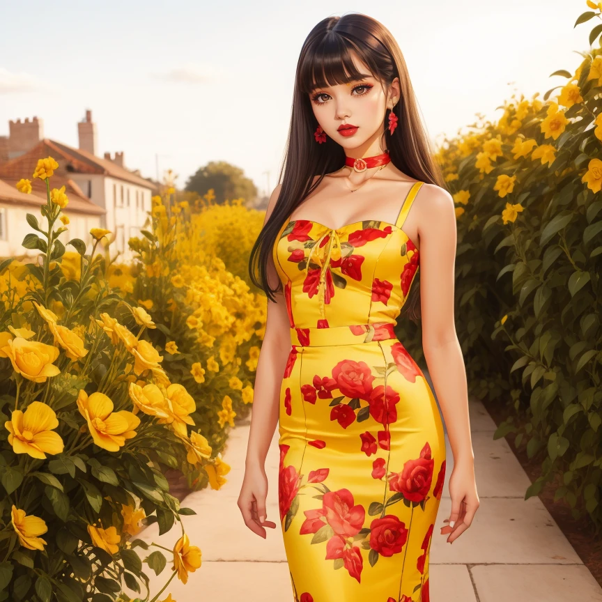 1girl, white Long Straight Hair with Bangs hair, makeup, lipstick, hud_dk_4, long yellow dress, pencil skirt, floral print, sleeveless, choker, <lora:dollskill3sd1508:0.7>, garden