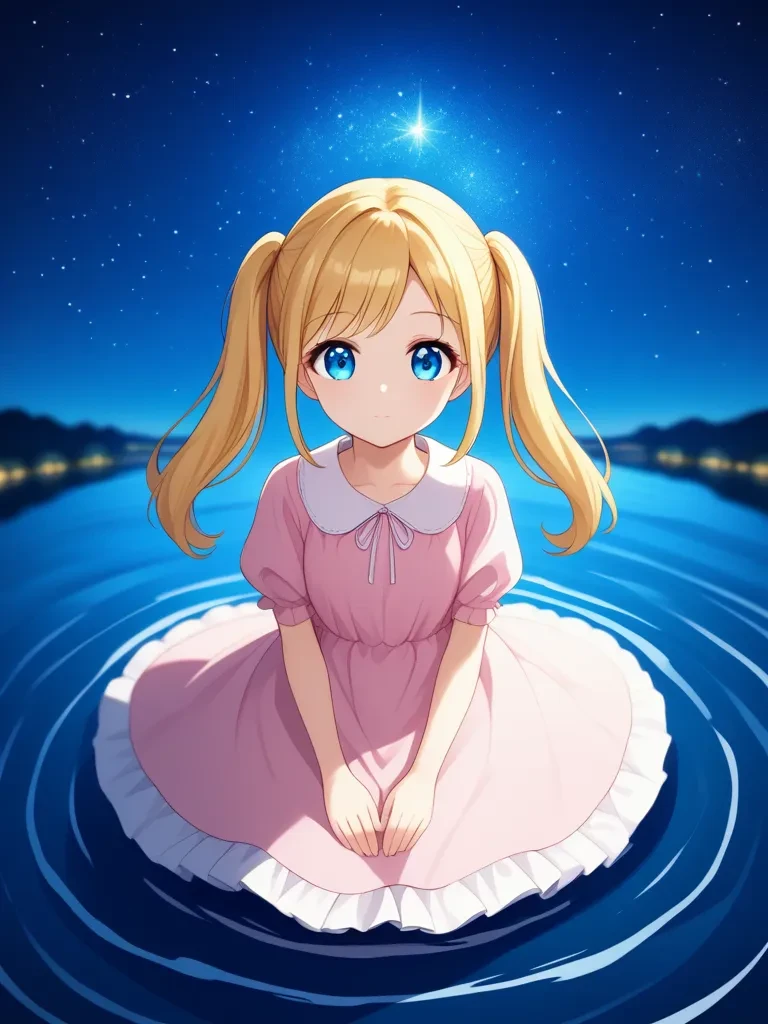 cutie girl, extremely detailed, from above,,  
cute 1girl sitting on water's surface, wariza, blonde hair, blue eyes, twintails, pink dress, (Magnificent view:1.4), full body, head tilt, looking at viewer, (cowboy shot), late at night, (starry night sky:1.2), Nebula, clear sky, blurry, (depth of field:1.1), perspective,,