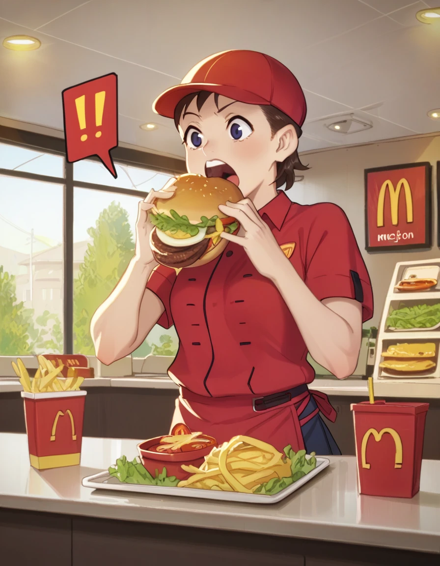 score_9,  score_8_up, score_7_up, source_anime, <lora:hibino-hoshino-ponyxl:0.8> 1girl, sumire, open mouth, hat, red shirt, polo shirt, waist apron, mcdonald's,
<lora:Burger_Malfunction-PonyXL-1024px:0.8> spoken_exclamation_mark, eating, holding food, burger, burger_malfunction, tomato, cucumber, messym bacon, ketcup, mustard, salad, counter, indoors