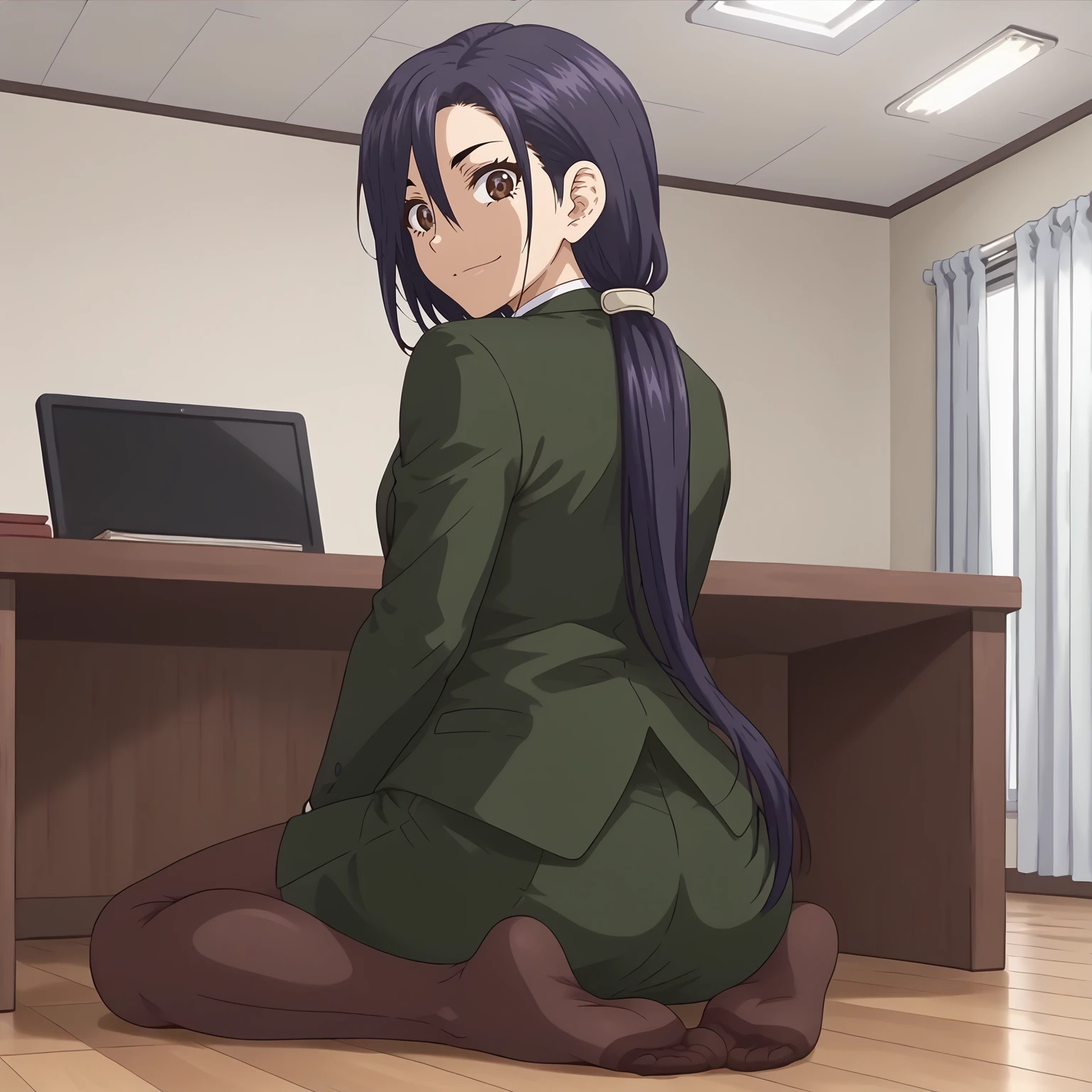 <lora:RingoMashiroXLpony001>,
looking at viewer,smile,
solo,
RingoMashiro,1girl,purple black hair,long hair,low ponytail,brown,
business_suit,green jacket,white shirt,
green skirt,
black_pantyhose,
indoors,
full body,sitting,looking back,