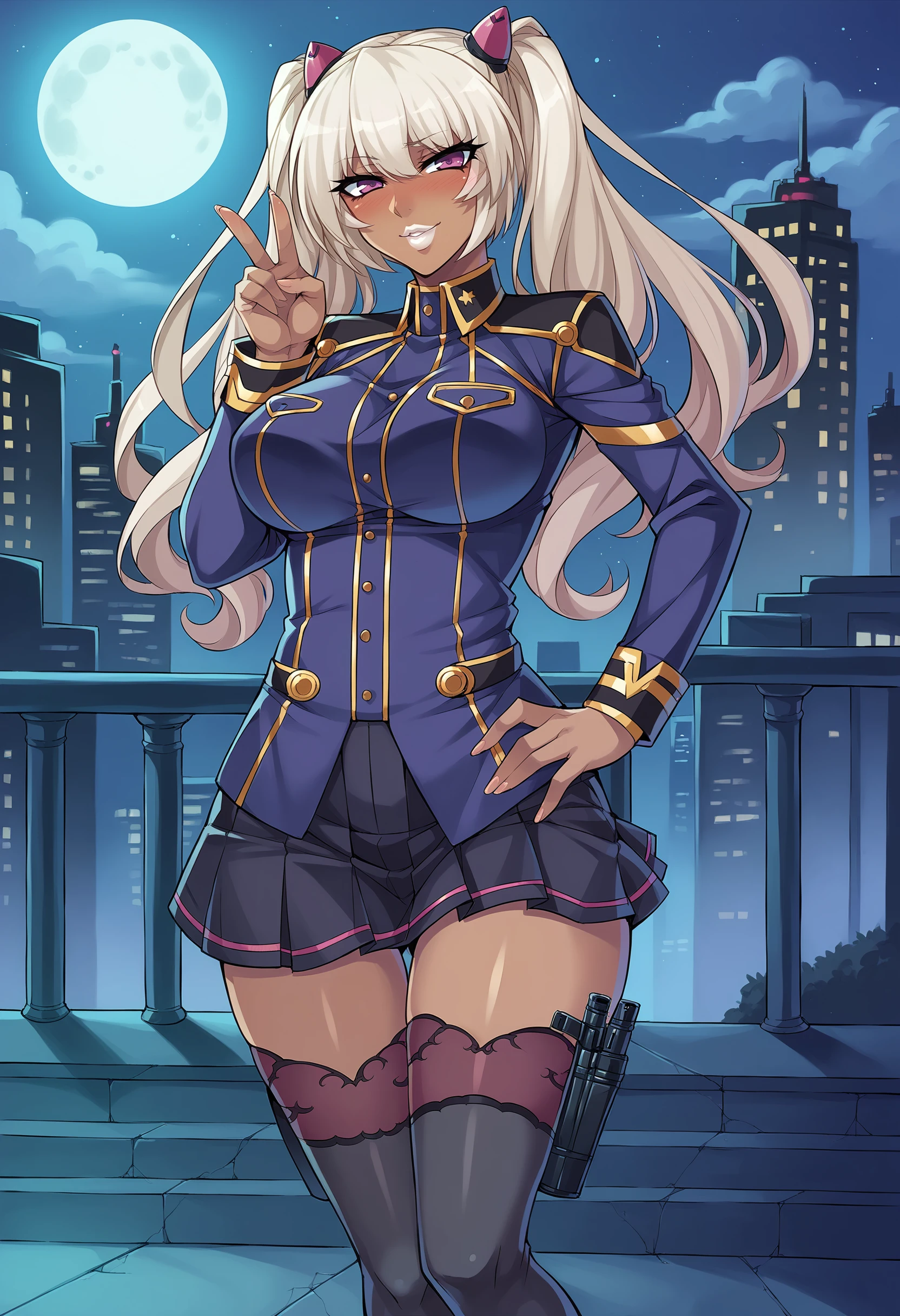 score_9, score_8_up, score_7_up, score_6_up, uncensored, BREAK,
kila kushan is standing, hand on own hip, showing V sign, cowboy shot,
1girl, dark-skinned female, solo,
looking at viewer, blush, parted lips, happy,
twintails, long hair, purple eyes, thick lips, white lips,
military uniform, pleated skirt, lace-trimmed thighhighs, high heel boots, thigh holster,
curvy, large breasts,
outdoors, night, city, on rooftop, moon,
<lora:Kila Kushan3216PDXL:1>