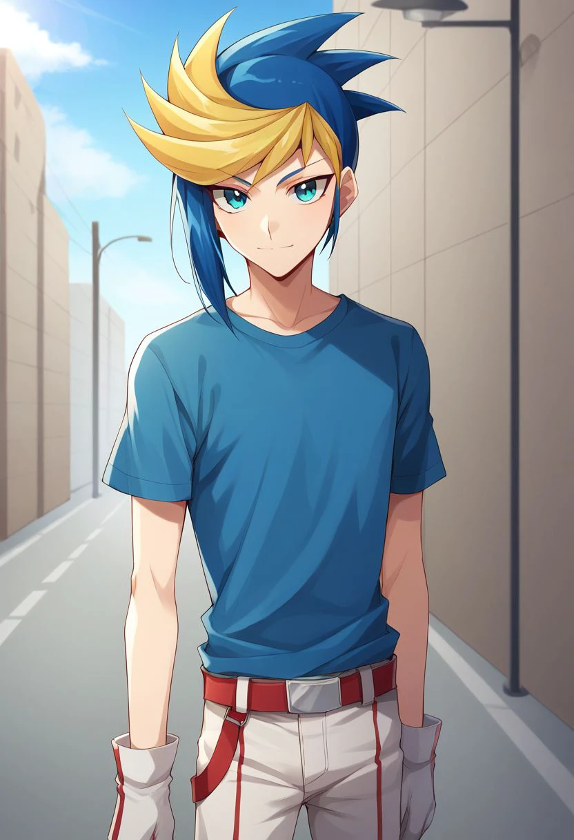 score_9, score_8_up, score_7_up, source_anime, highly detailed,
yugo, 1boy, solo, male focus, gloves, multicolored hair, blue hair, blonde hair, dyed bangs, two-tone hair, t-shirt, blue t-shirt, pants, smile, belt, upper body, frown
outdoor, street, sky,