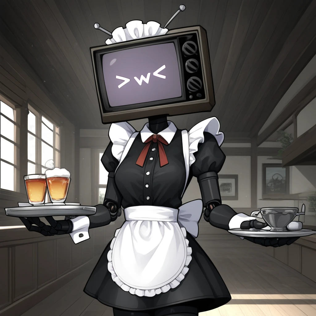 score_9, anime, detailed, inside a rustic house, solo, tvwoman, robot girl, tv head, black body, maid costume, holding tray,Expressiveh<lora:EMS-405512-EMS:0.800000>, <lora:EMS-355684-EMS:0.800000>