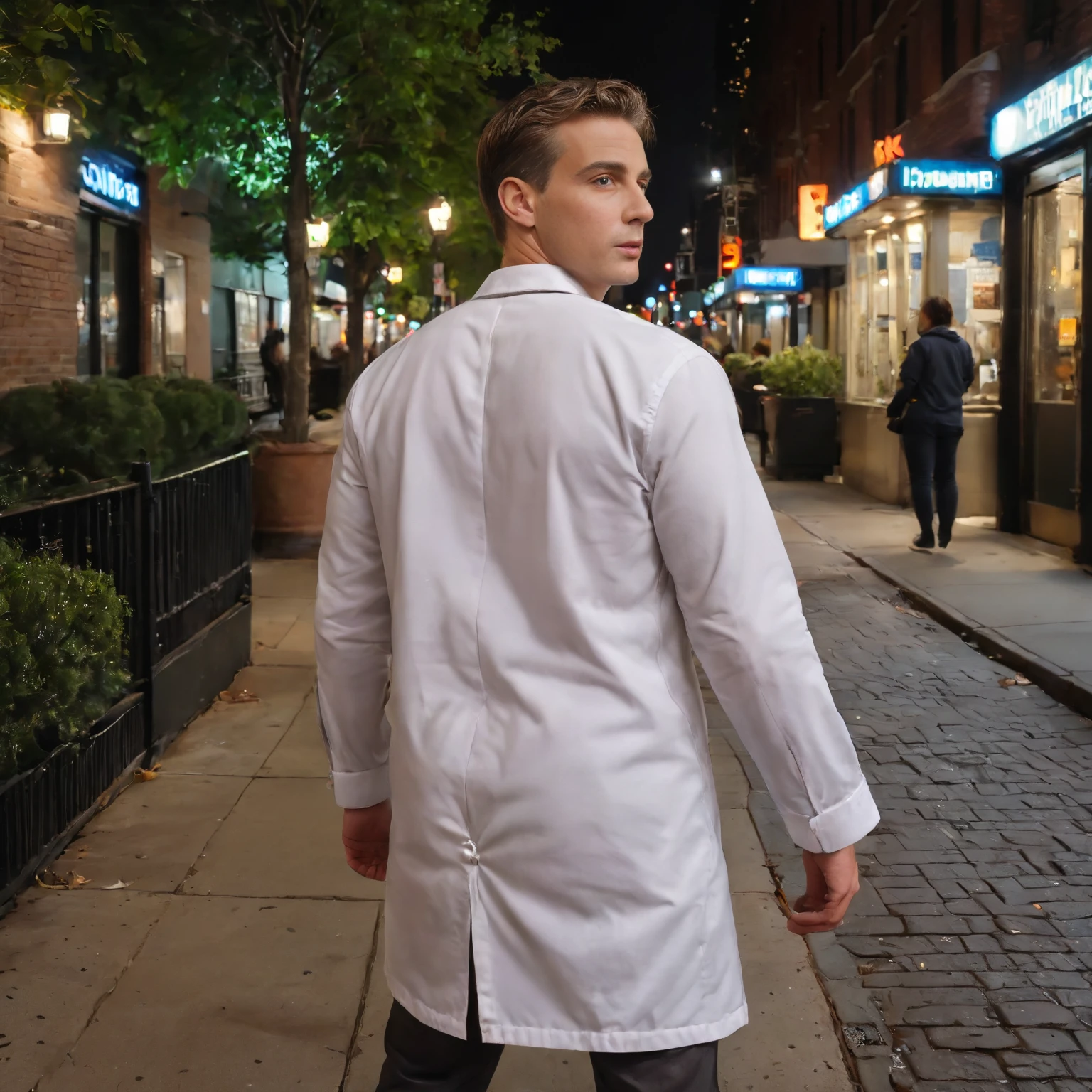 UHD, 8K, ultra detailed, highly realistic photo of UHD, 8K, ultra detailed, highly realistic grateful dachadknight man wearing doctor outfit while walking away look back at the viewer , on a New York city sidewalk at night   ,SFW,  (high resolution 8K photo quality:1.3), 4k epic detailed, sharp focus, high budget, 35mm film, OverallDetailXL <lora:dachadknight_SDXL_v1-000007:1> , (high resolution 8K photo quality:1.3), 4k epic detailed, 35mm photo, sharp focus, high budget, 35mm photo