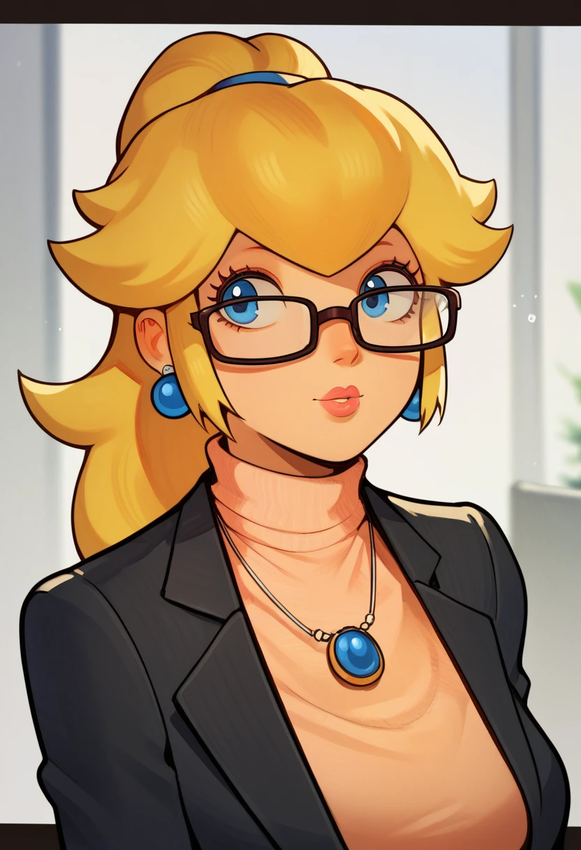 score_9, score_7_up <lora:fluffydango-guy-PONY-DORAv1:1>, 1girl, solo, princess peach, turtleneck sweater, glasses, office lady, earrings, necklace, portrait,