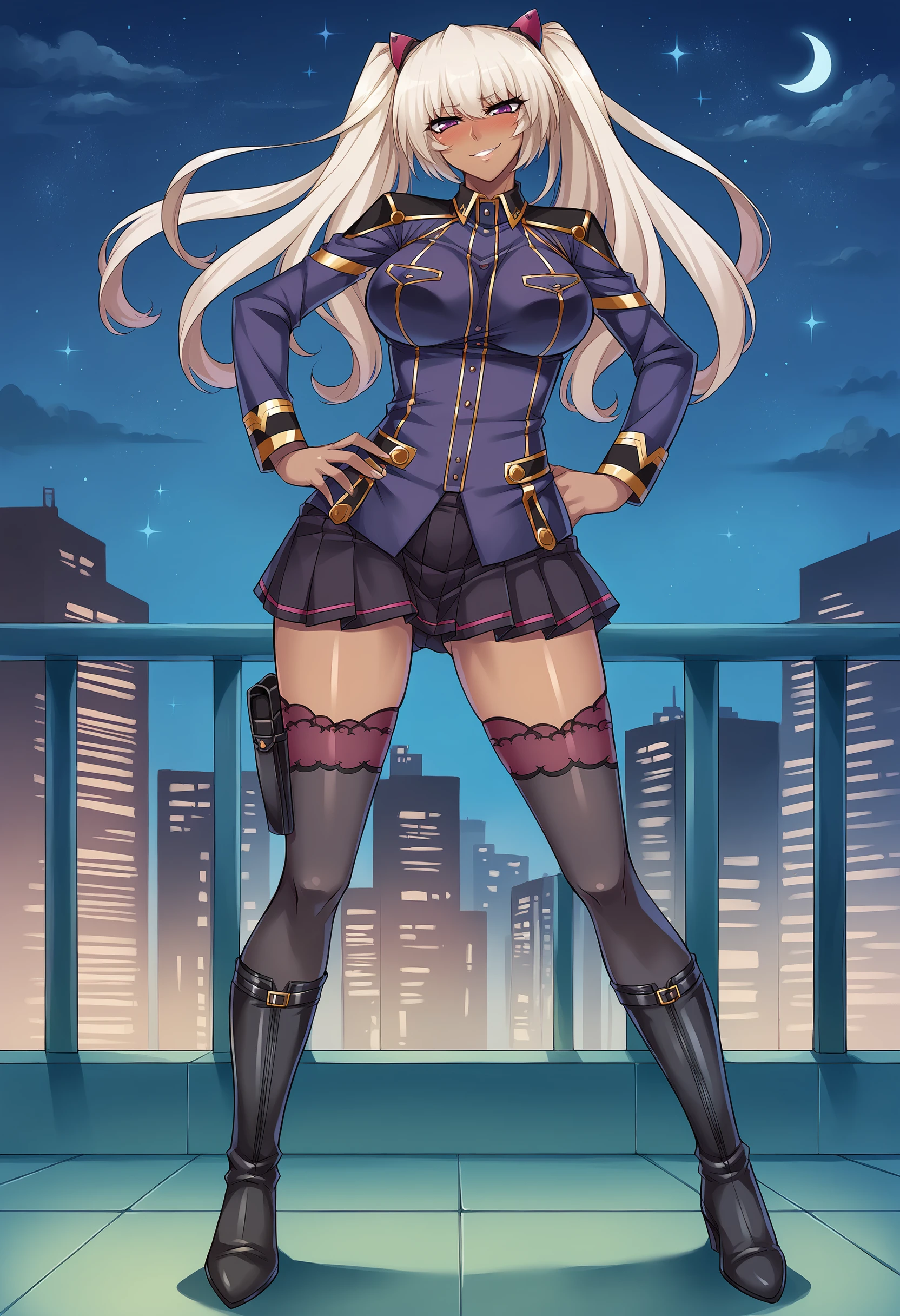 score_9, score_8_up, score_7_up, score_6_up, uncensored, BREAK,
kila kushan is standing, hands on own hips, full body,
1girl, dark-skinned female, solo,
looking at viewer, blush, smirk, head tilt,
twintails, long hair, purple eyes,
military uniform, pleated skirt, lace-trimmed thighhighs, high heel boots, thigh holster,
curvy, large breasts,
night, city, star \(sky\),
<lora:Kila Kushan3216PDXL:1>