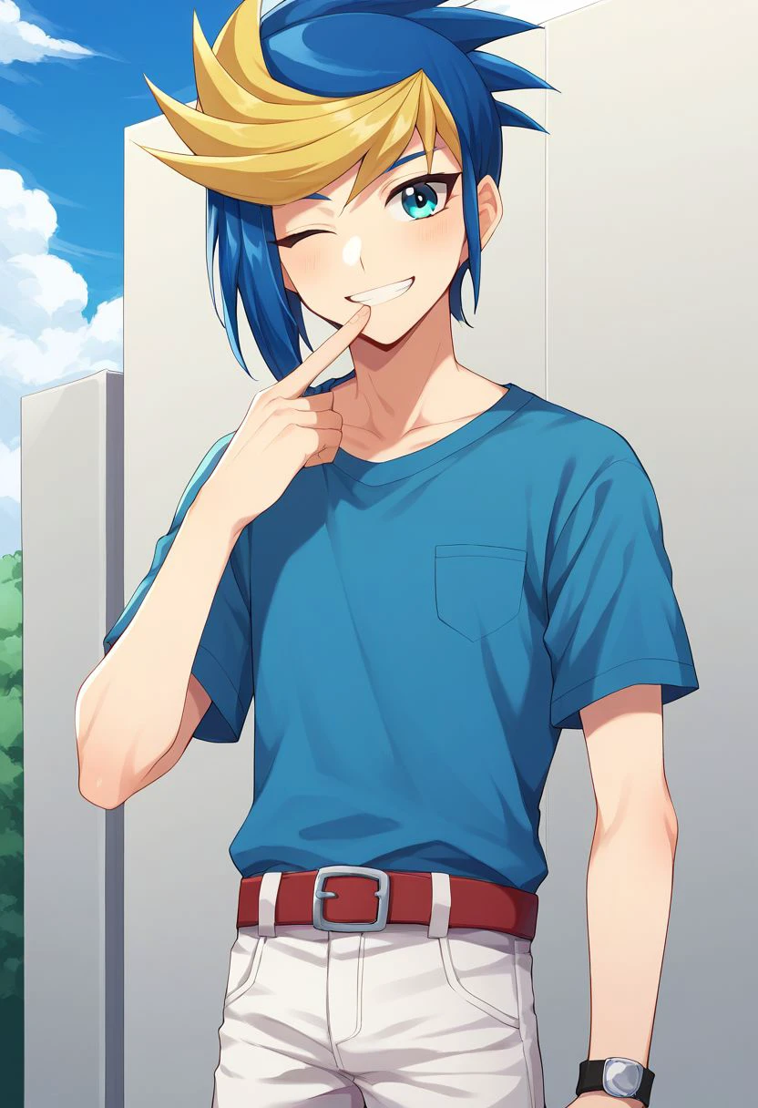 score_9, score_8_up, score_7_up, source_anime, highly detailed,
yugo, 1boy, solo, male focus, multicolored hair, blue hair, blonde hair, dyed bangs, two-tone hair, t-shirt, blue t-shirt, pants, smile, belt, upper body, smile, wink,
outdoor, street, sky,