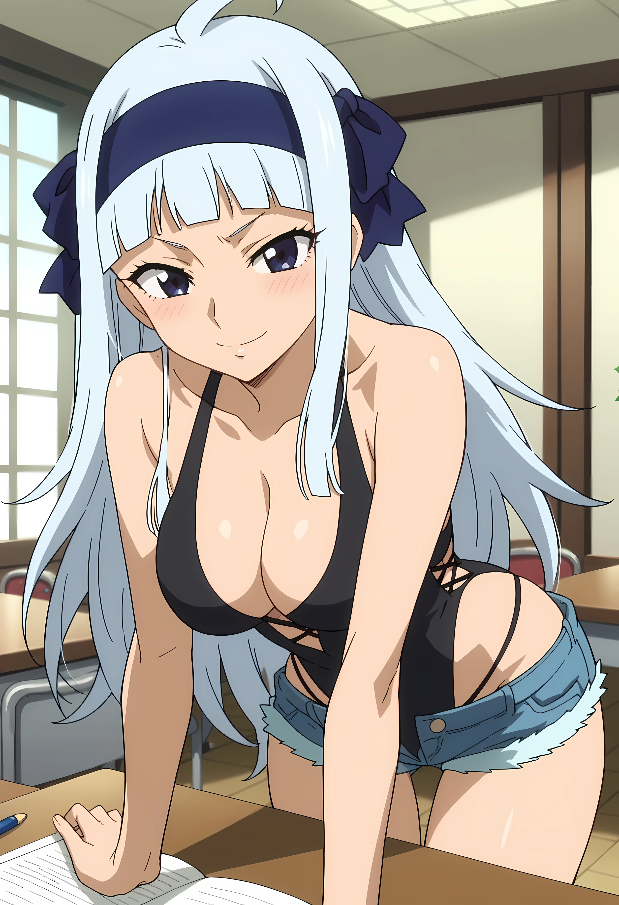 score_9, score_8_up, score_7_up, source_anime, 2d, Sorano Agria, 1girl, white hair, long hair, blue eyes, big breasts, blue hairband, anime coloring, anime screencap, detailed eyes, zPDXL, perfect faces, uncensored, rating_explicit,   <lora:sorano_agria_0-000040:1>, black leotard, side cutout, cleavage, bare arms, highleg, corss-laced clothes, denim shorts, leaning forward, desk, hand on desk, evil smile,