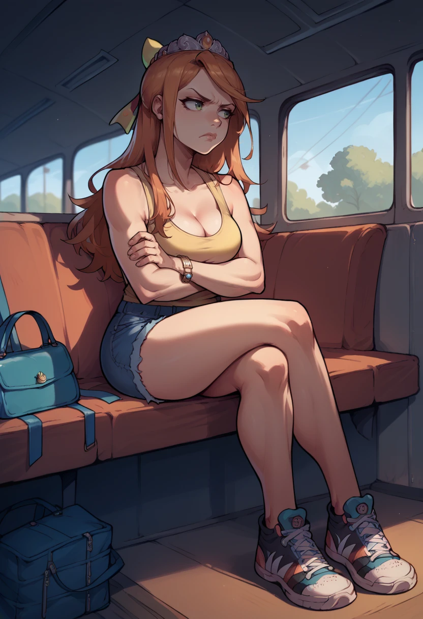 score_9, score_8_up, score_7_up, 1girl, sitting, looking to the side, annoyed, crossed arms, <lora:EtieFE-pdxl:1> defEtie, long hair, hair bow, tiara, medium breasts, tank top, cleavage, denim shorts, bracelet, handbag, sneakers, indoors, bus