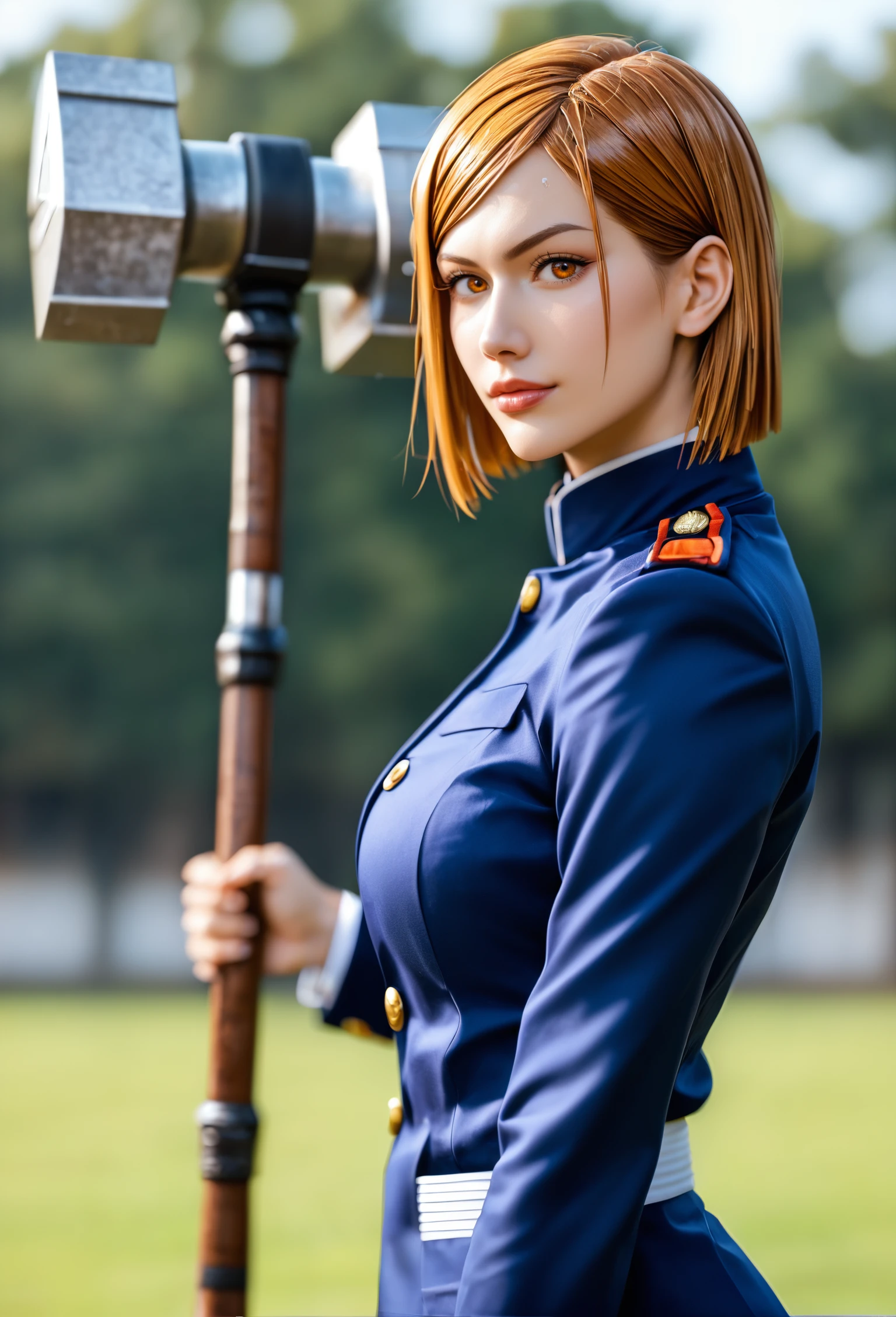 score_9, score_8_up, score_7_up, photography of (female) Nobara Kugisaki from Jujutsu Kaisen, orange eyes, jujutsu high uniform, hammer, outdoor, intense half body shot, human-like skin, draw in the style of 3D photobashing , realistic renderings , hyper-realistic portraits, ultra realistic, soft-focus, oil portraitures, Capture this shot with a softbox to illuminate the model's face, sharp focus, Sony A7 IV, tamron 24mm f/2.8 di iii osd m1:2, Depth of field, DOF, Tilt blur