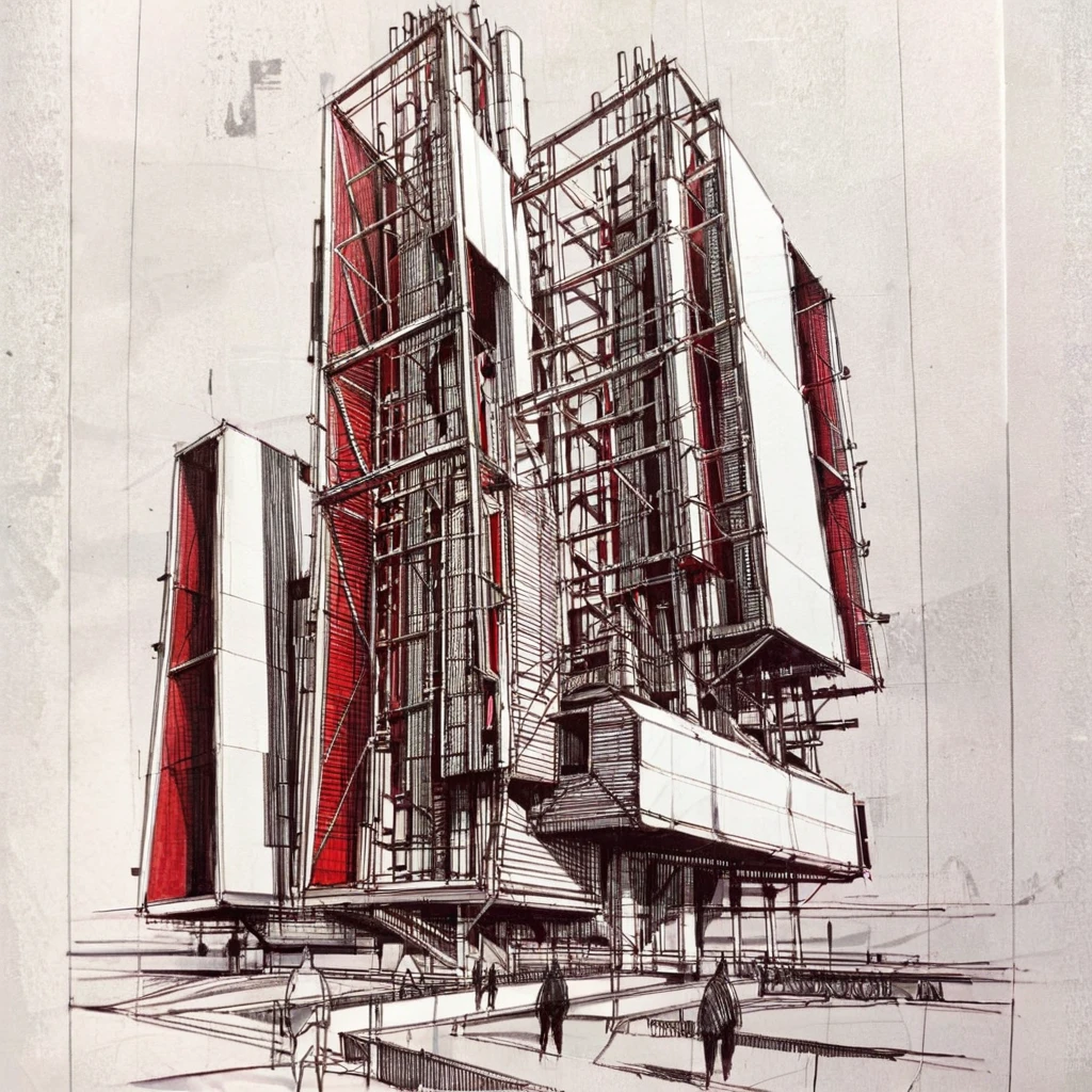 A futuristic architectural sketch with intricate detailing. Fine, precise lines outline the structural framework, accentuating geometric and industrial forms. Shades of red strategically fill certain areas, creating vibrant focal points amid the monochrome design. Crosshatching and line shading add depth and dimensionality, while silhouettes suggest scale and human interaction. The overall composition conveys an avant-garde, high-tech aesthetic. <lora:ArchSketchesXL_LoRA:0.7> <lora:FormFinder-XL_v2:0.8>