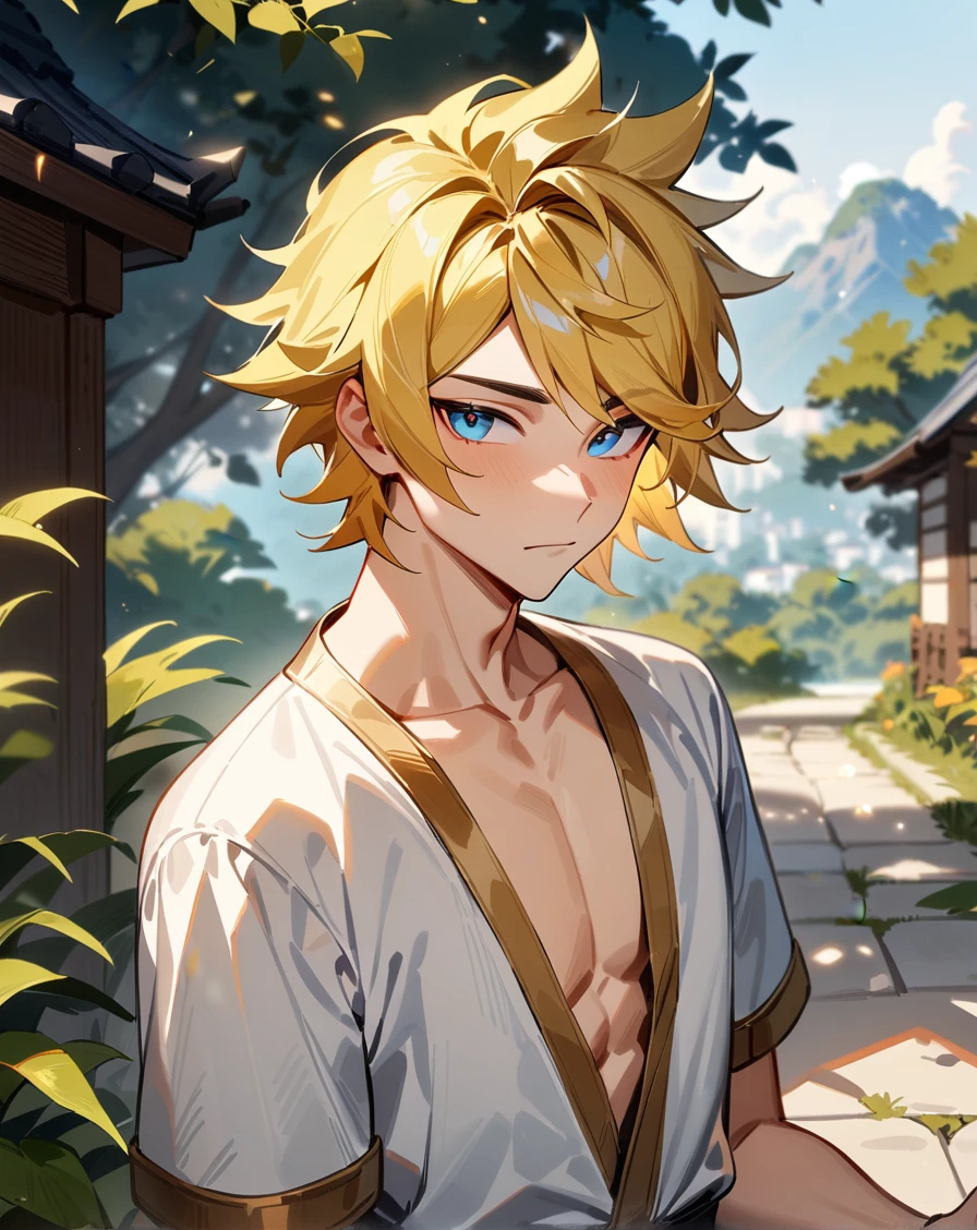 1boy, solo, male only, male focus, upper body, <lora:ezreal_sdxl_lora:1>, (ezreal, blonde hair, short hair, spiked hair, blue eyes), outdoors, looking at viewer, masterpiece, best quality, very aesthetic, absurdres, very detailed, sensitive, <lora:Lightning-8:0.5>