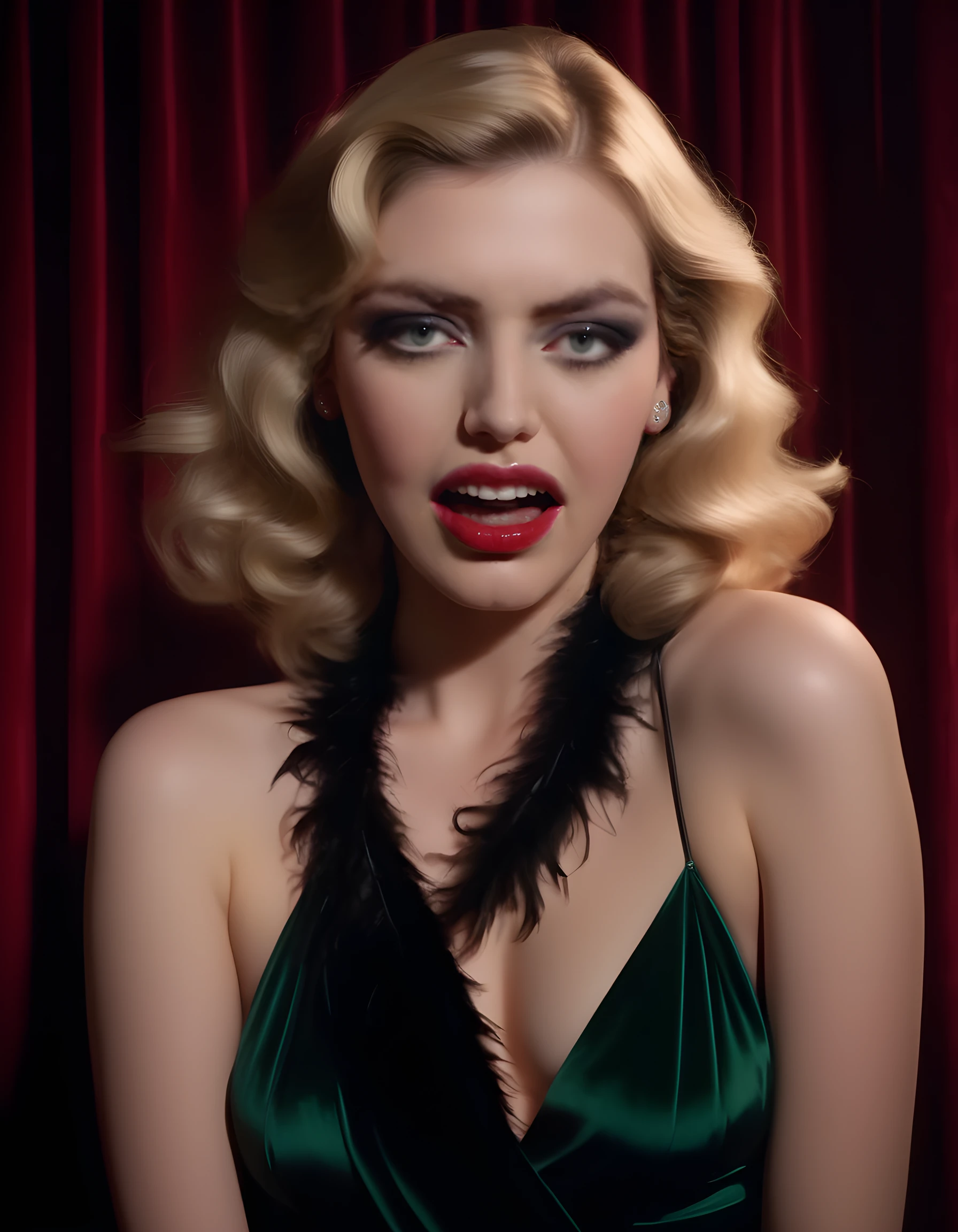 In a sultry noir-inspired scene, the camera focuses on Claudia, a captivating woman with striking blonde hair cascading down her back like a golden waterfall. Her emerald green eyes are accentuated by thick, winged eyeliner and bold red lipstick, as she looks directly at the viewer with an open mouth, her pearly white teeth glinting in the dim, smoky light of a speakeasy. The dimly lit background reveals a crimson velvet curtain, hinting at the mystery beyond, while a single spotlight illuminates her angular face and high-contrast makeup. Her unique outfit, a combination of a silky black dress with a plunging neckline and a feather boa draped seductively around her shoulders, adds to the allure, as she stands in a pose that exudes confidence and intrigue, the air between her and the viewer electric with tension.