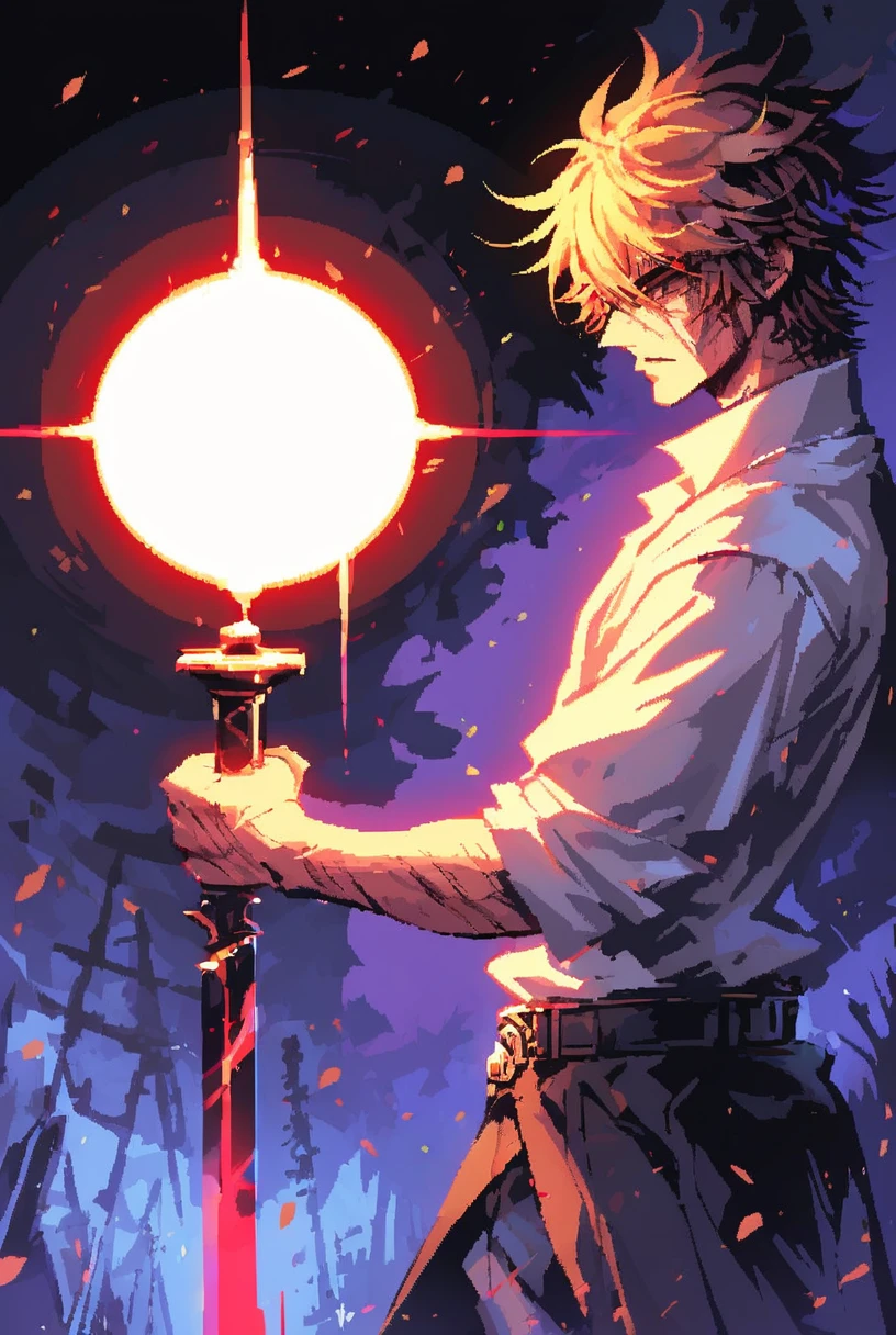 7-SWAnimated, solo, short hair, shirt, 1boy, holding, standing, jacket, white shirt, weapon, short sleeves, male focus, cowboy shot, multiple boys, open clothes, belt, pants, 2boys, holding weapon, glowing, scar, piercing, black background, light particles, chromatic aberration, glowing weapon, burn scar
[reflections, dark lighting, hyper realistic, 4k, hd, high fantasy, concept art, woof, pixel art]
<lora:Star Wars Animated v1.0:0.8>  <lora:d3p1x3lXLP:1>