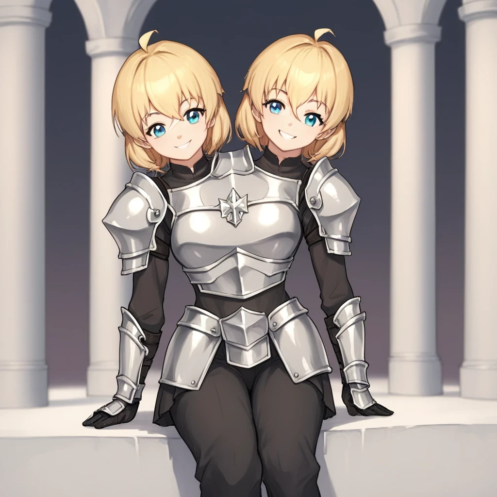 source_anime, score_9, score_8_up, BREAK two heads, conjoined, 1girl, armor, castle, smile