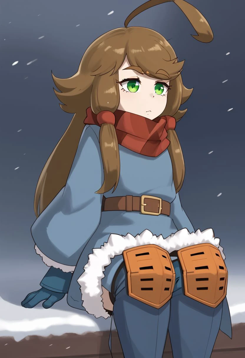 1girl, solo, Blu, brown hair, green eyes, sidelocks, hair ornament, ahoge, huge ahoge, long hair, thick eyebrows, thick eyelashes, fur-trimmed dress, fur-trimmed sleeves, scarf, blue gloves, belt, knee pads, blue footwear