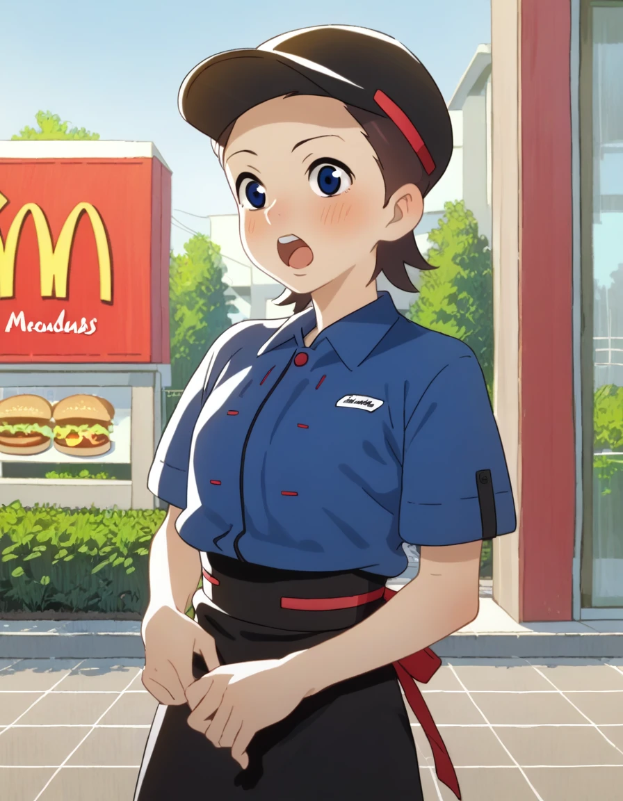 score_9,  score_8_up, score_7_up, source_anime, <lora:hibino-hoshino-ponyxl:0.9> sumire, 1girl, solo, looking at viewer, blush, hat, open mouth, blue shirt, black waist apron, polo shirt, outdoors, mcdonald's